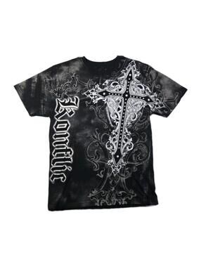 Konflic - Y2K Style Black Cross Tribal Graphic T-Shirt - Mens XL